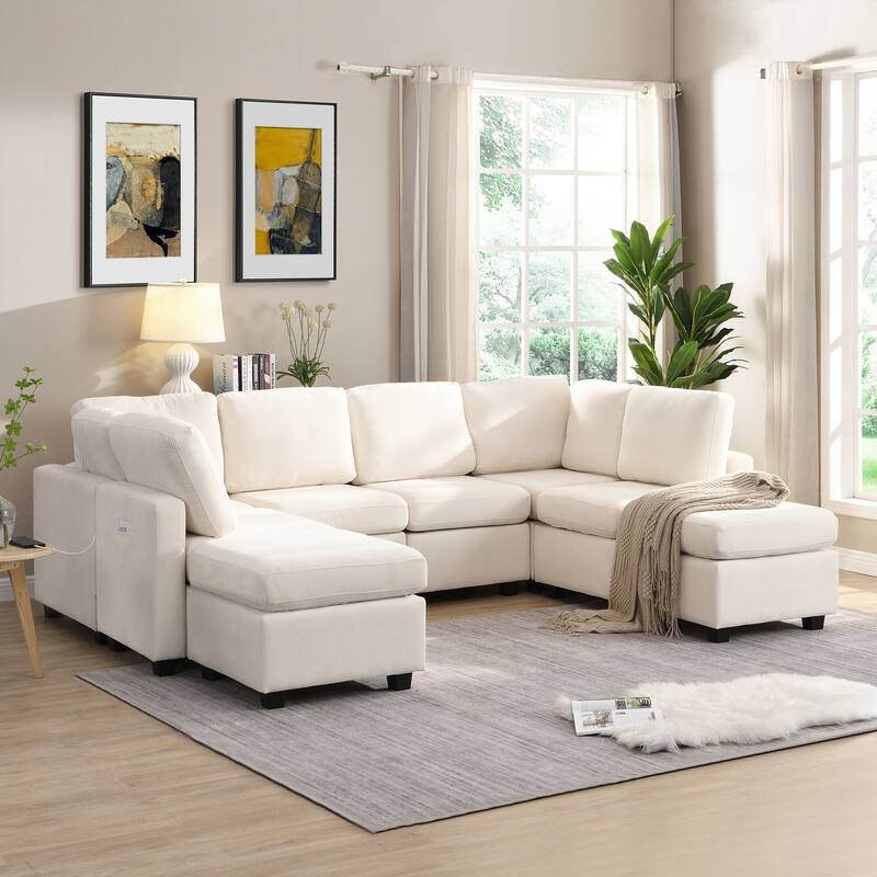 Living Room Chenille U-shaped Sectional Sofa, Pull out Sofa Bed with 2 USB Ports, 3 Back Pillows and Storage Chaise