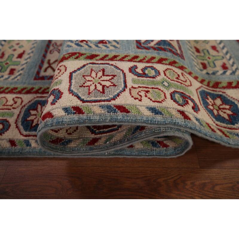 Blue Kazak Oriental Runner Rug Hand-Knotted Geometric Wool Carpet - 3'3" x 16'3"