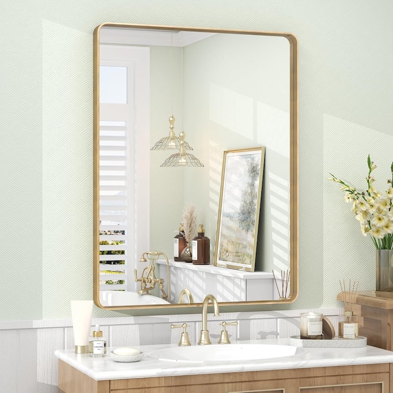 Aluminum alloy Framed Tempered Glass Wall Bathroom Vanity Mirror - 32" x 24" - Gold
