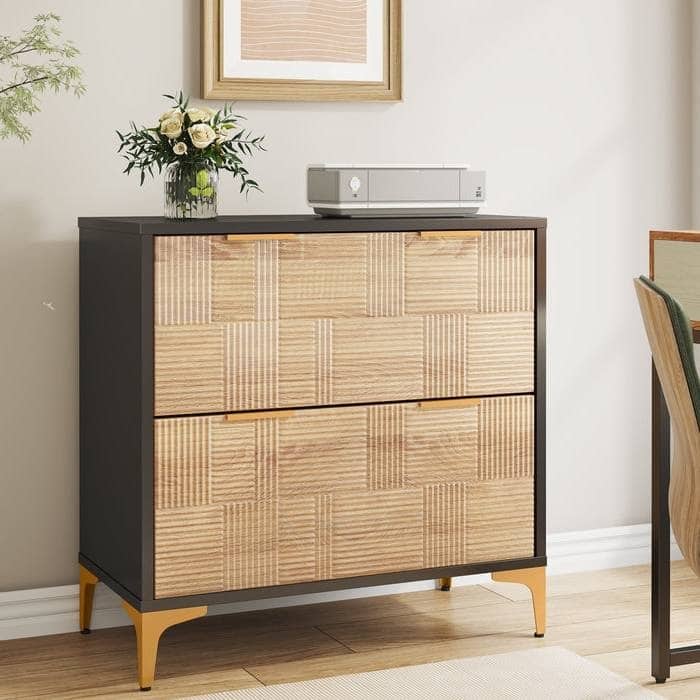 Natural Black Wood Metal Lateral File Cabinet with Drawers and Gold Legs