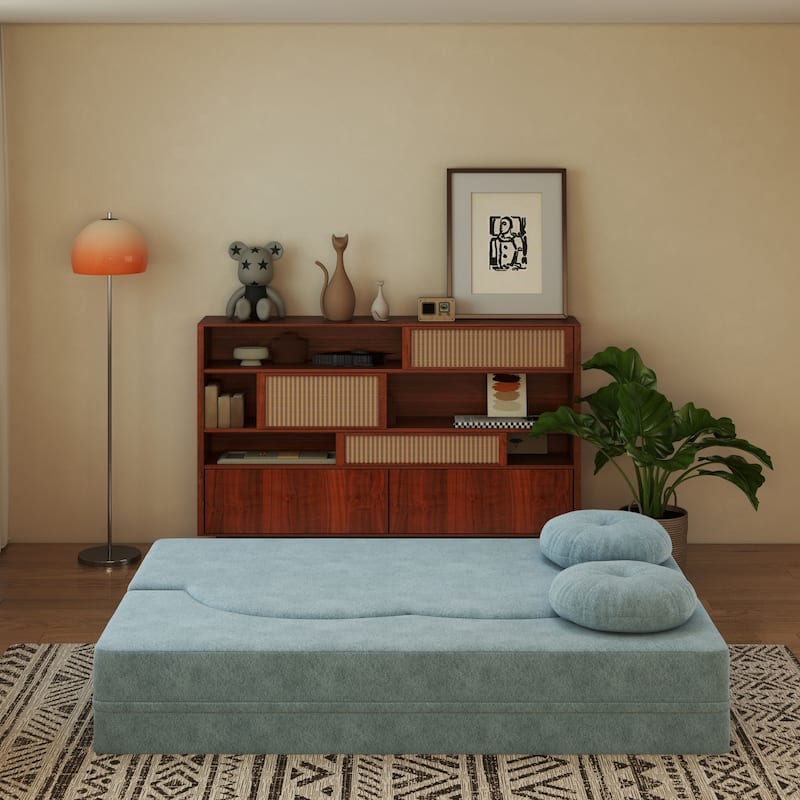 Modern Floor Sofa with 2 Pillows,Convertible Plush Corduroy Foam-Filled Sleeper Sofa Bed