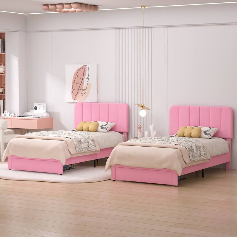VECELO 2-Pack Kid Bed Frame Set Twin Size Platform Bed with Adjustable Upholstered Headboard Storage Drawer No Box Spring Needed - Pink