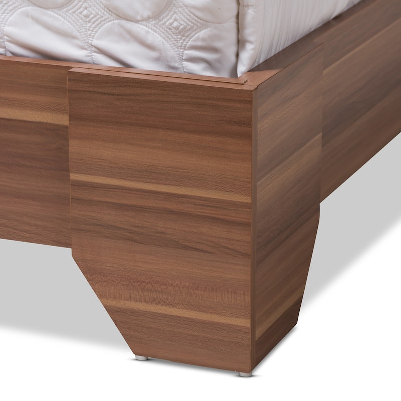 Two-Tone Walnut and Black Queen Platform Bed with Open Shelf Storage and Sliding Door Headboard