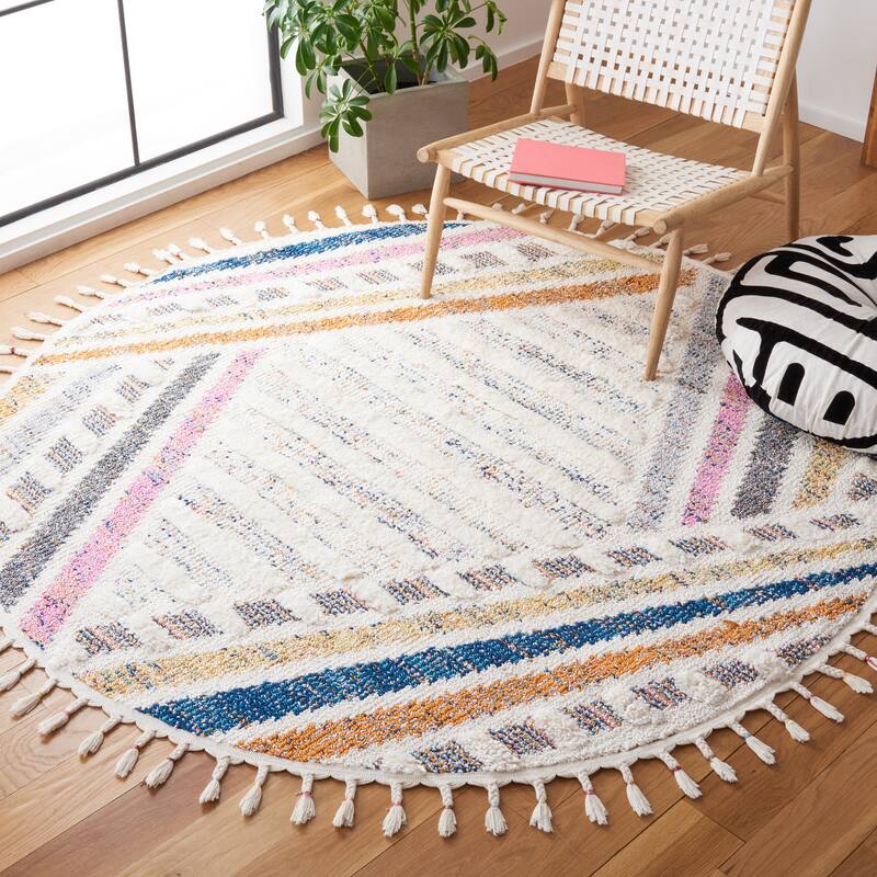 SAFAVIEH Moroccan Fringe Shag Thomasine Rug - 6'7" Round - Ivory/Grey