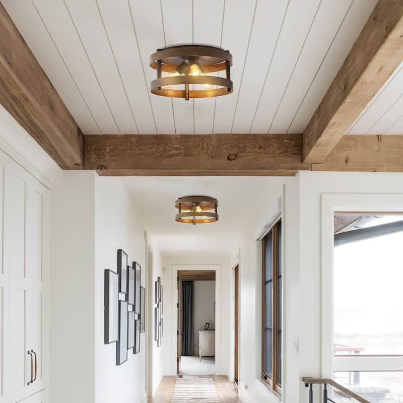 Paulina 16" 3-Light Farmhouse Industrial Iron LED Flush Mount, Brown Wood Finished/Oil Rubbed Bronze by JONATHAN Y