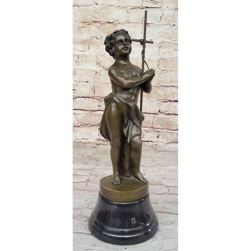 Young Child Saint Carrying Cross Religious Christianity Bronze Sculpture Statue