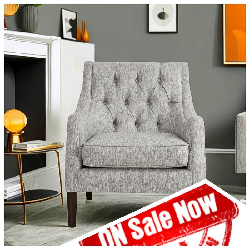 Accent Chair for Bedroom Living Room Chairs Tufted Upholstered Lounge Chair with Wood Legs Linen Fabric - grey