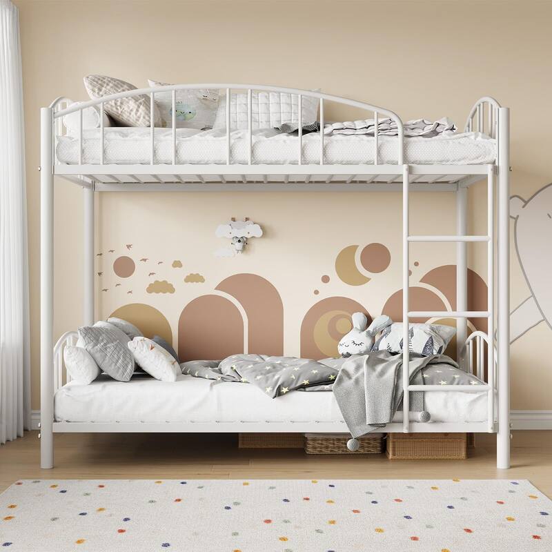 Metal Bunk Bed Twin Over Twin, with Arched Guardrail and Safety Ladder