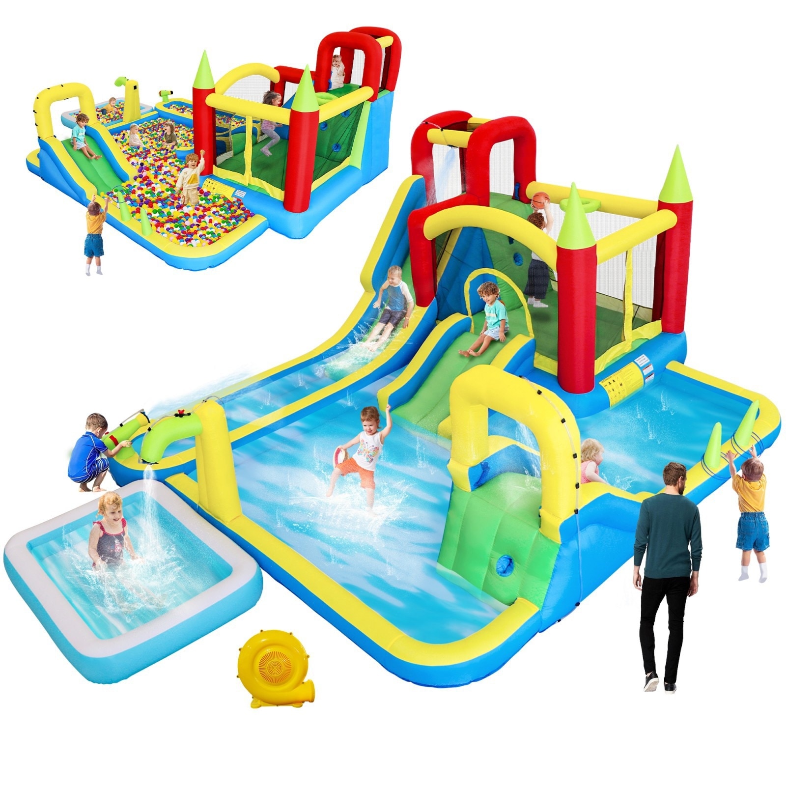 11-in-1 Inflatable Water Slide Park w/ Pool, Climber & Games - 196x160x85 IN