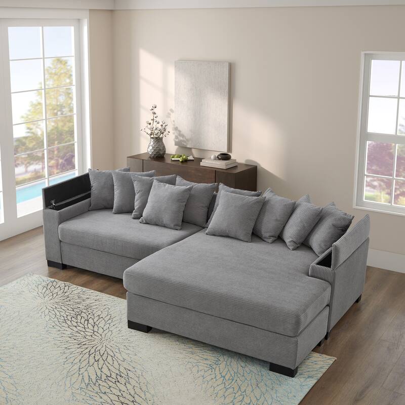 L Shape Sofa with Convertible Chaise Lounge, Arm Storage and Pillows