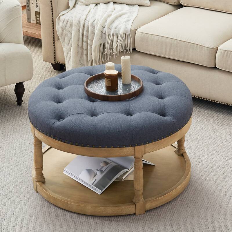 HUIMO 33in Round Upholstered Solid Wood Ottoman Coffee Table with Storage Shelf