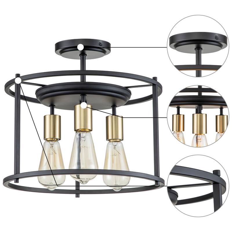 3-Light Black and Gold Drum Cage Semi Flush Mount Light