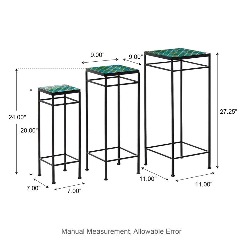 Glitzhome Set of 3 Metal Nesting Planter Stands Square Plant Holder with Green Pattern Ceramic Tiles Table Top