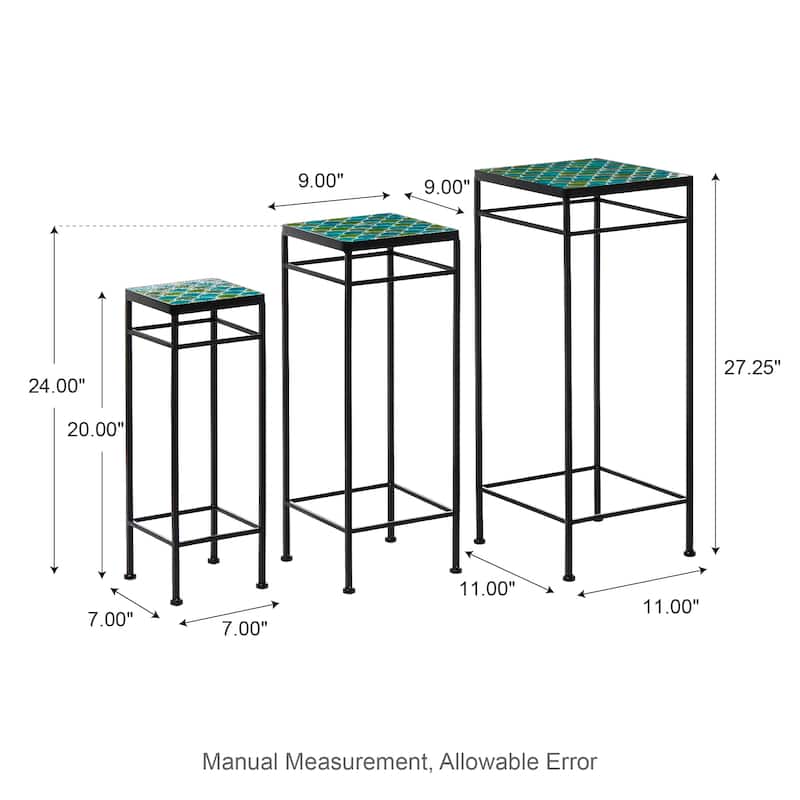 Glitzhome Set of 3 Sqaure Metal Planter Stands Flower Racks with Green Pattern Ceramic Tiles Table Top