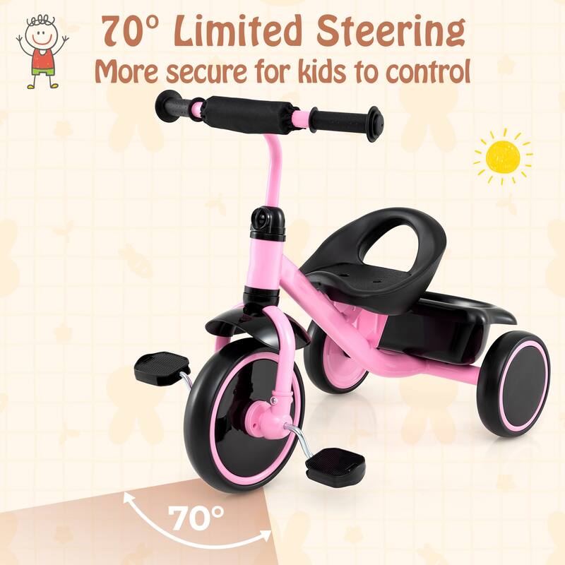 Pink Carbon Steel PP EVA Kids Trike with Adjustable Seat, Storage Basket, 55 lbs Capacity - 27" x 16" x 22"