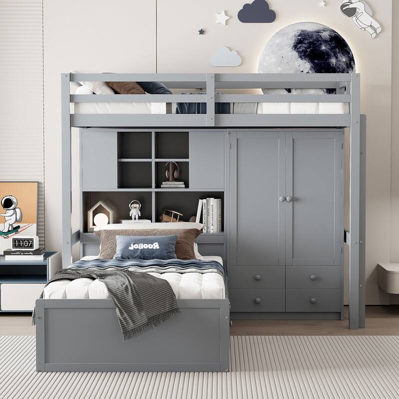 Twin Bunk Bed with Wardrobe, 6 Drawers Hydraulic Storage and MDF+LVL, 600lb Capacity, Space-Saving Design
