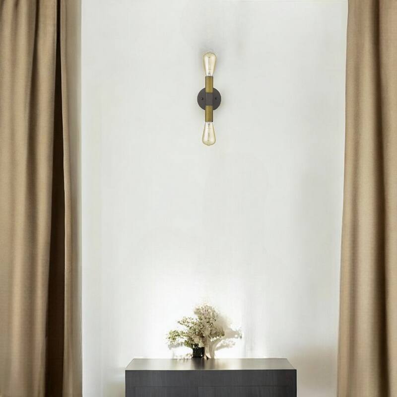 Two-Light Brass and Wood Wall Sconce for Industrial Home Decor - 4” x 4.75” x 8.25” - Brass