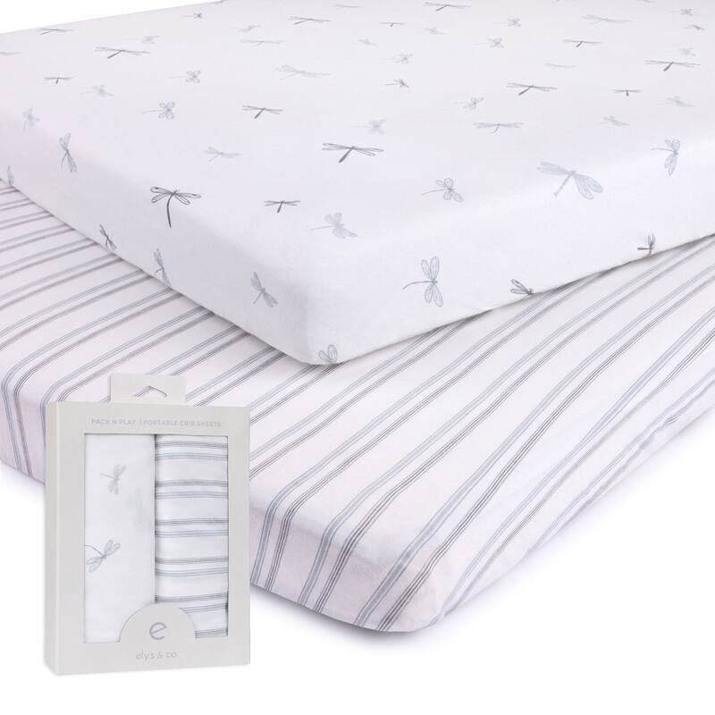 Ely's & Co. Baby Fitted Pack n Play - Mini Crib Sheet Set - 2 Pack - 38" x 24" - Blue Dragonfly & Stripe