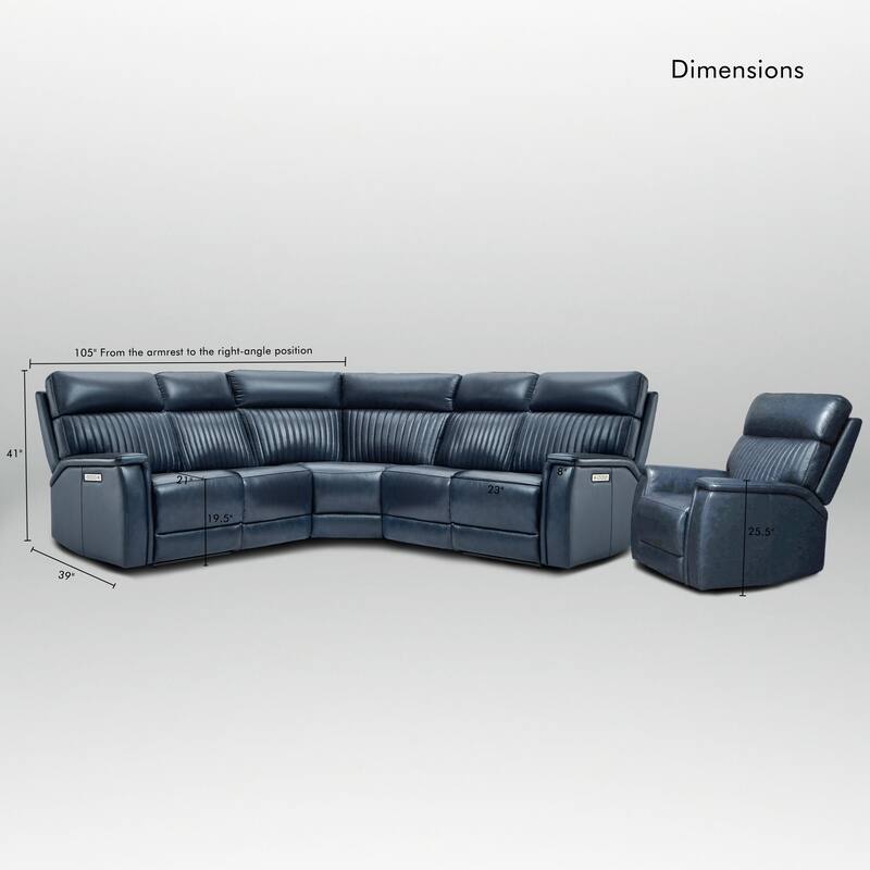 105" W Genuine Leather Power Reclining Sectional and Recliner Sofa Set with USB&USB-C Port, 1 Power Armlesschair