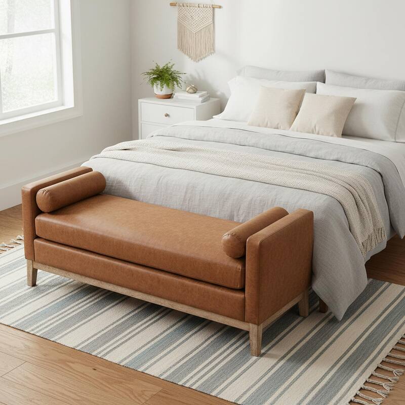 Homy Casa Upholstered Bench Sofa with Pillows, Wooden, Entry Living