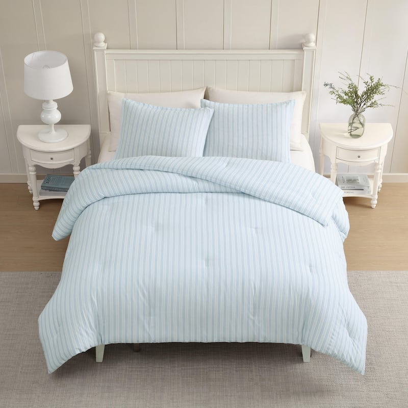 Laura Ashley Dilly Dally Stripe Reversible Cotton Blue Comforter Set
