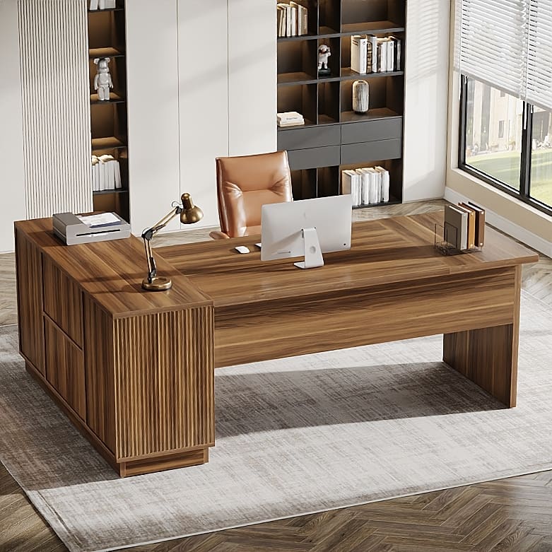 70.87-Inch L-Shaped Executive Desk with File Cabinet and Shelves, Large Computer Desk for Home Office - Walnut Brown