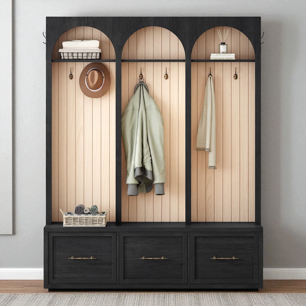 Farmhouse Hall Tree with Arched Back, 59" Wide Bench, 8 Hooks, 3 Drawers, Rustic Coat and Shoe Organizer