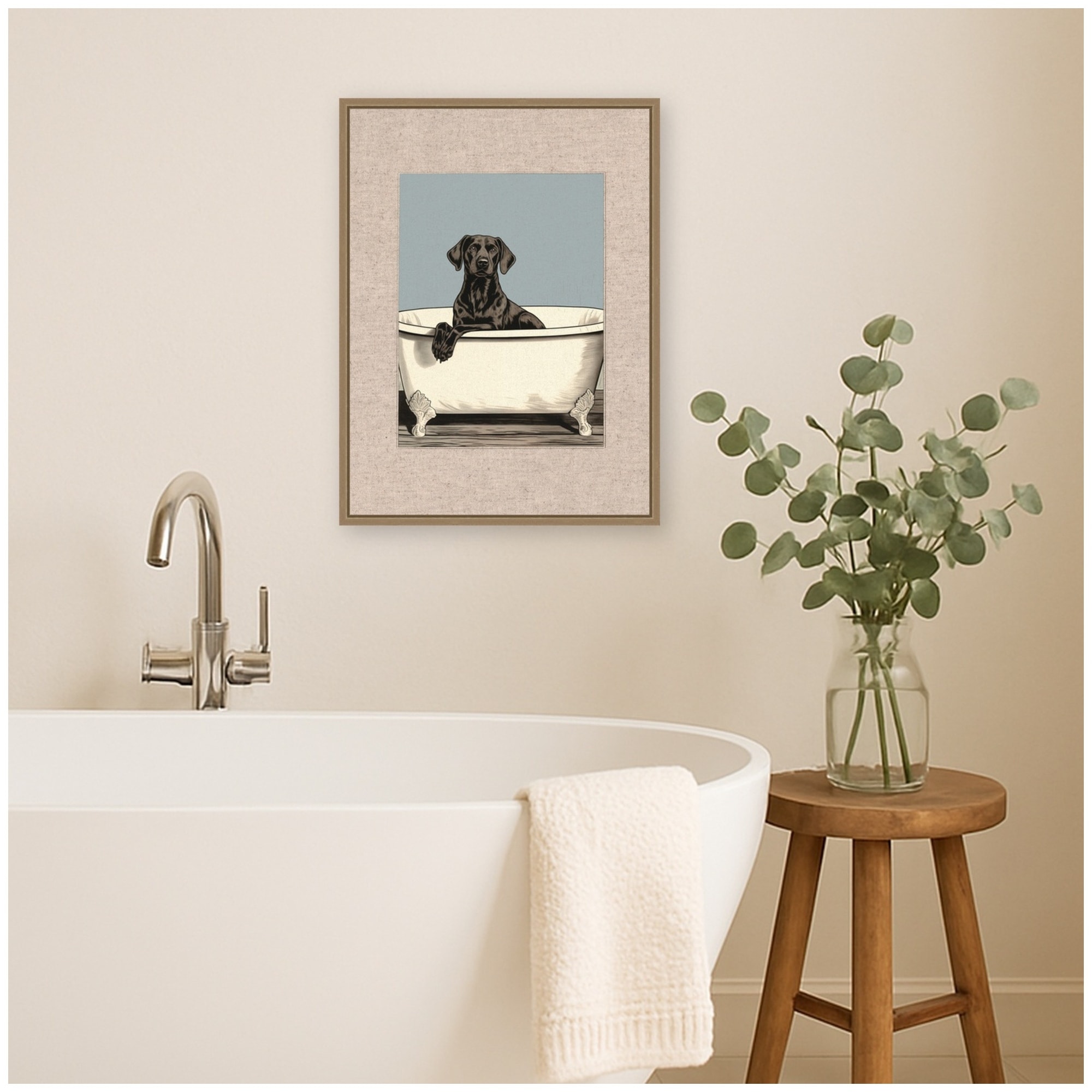 Kate and Laurel Retro Black Labrador Bathroom by The Creative Bunch Studio Framed Canvas Wall Art Print