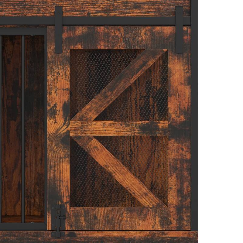 Double Dog Crate Furniture w/Drawers for Small Dogs, Rustic Farmhouse Dog Kennel End Table, Sliding Barn Doors - 47.2"W