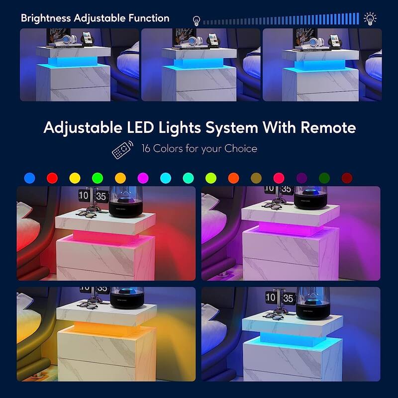 LED Bedside Table with 2 Drawers - Multi-Color Adjustable Lights, Modern White Nightstand for Bedroom & Living Room