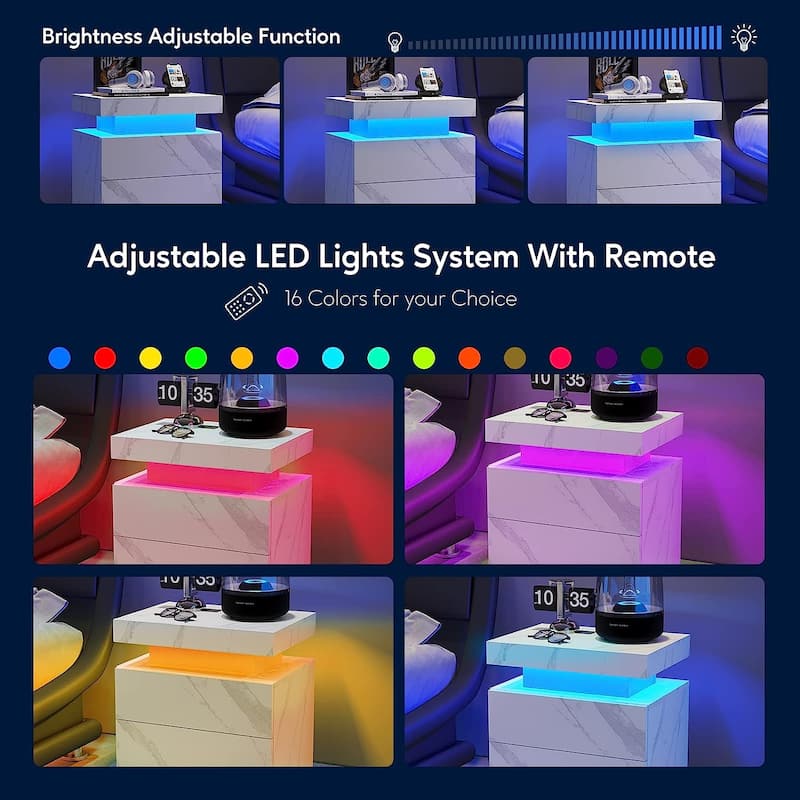 LED Nightstand with 2 Drawers for Bedroom