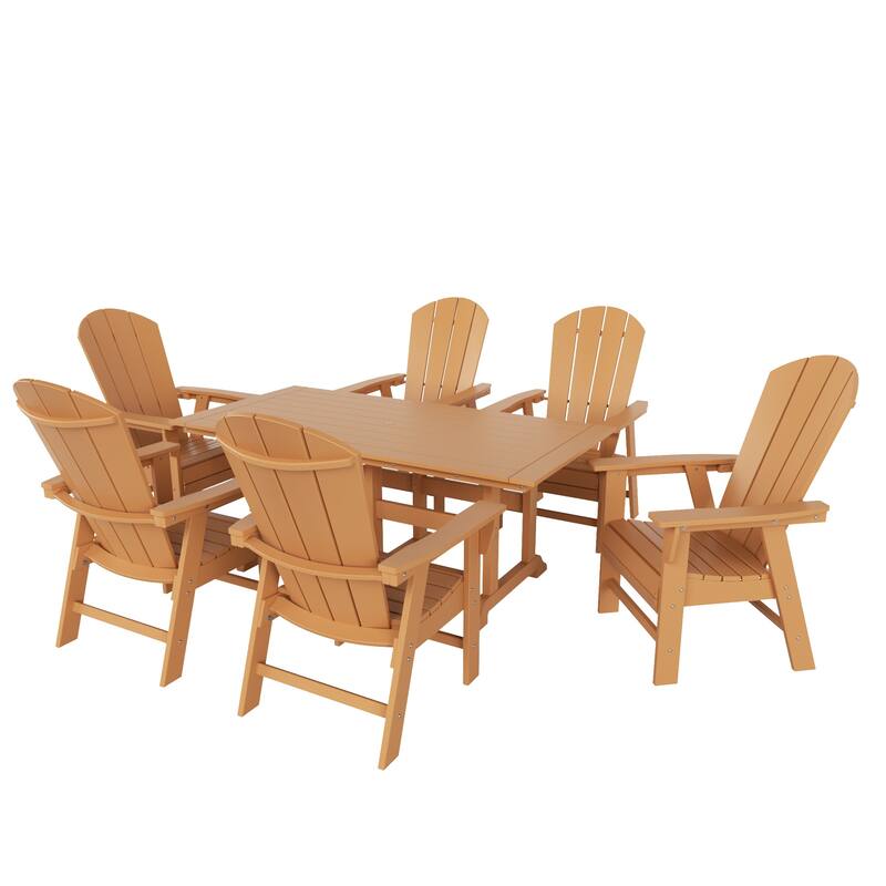 Laguna Hdpe All Weather Outdoor Patio Rectangular Adirondack Dining Chairs With Table (7-Piece Set) - Teak