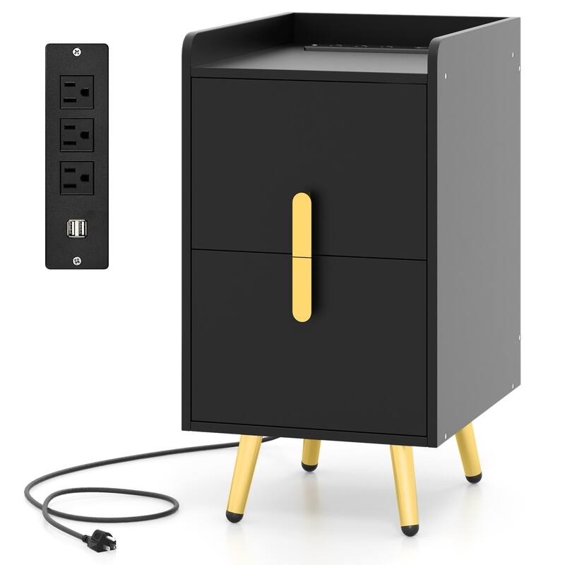 Bedside Table with Storage Drawers and USB Charging Station