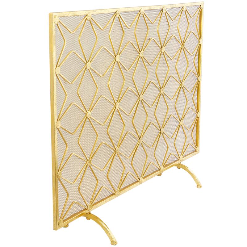 Gold Metal Star Patterned Single Panel Geometric Fireplace Screen with Mesh Netting
