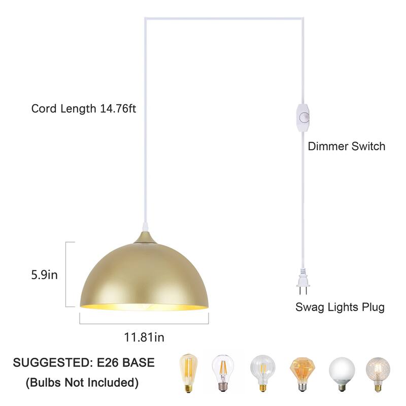 60-Watt 1-Light Pendant Light with Dome Shade and Dimmer Switch for Kitchen Island, Semi Flush Mount Chandelier for Dining Room