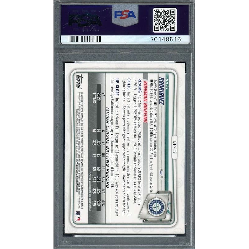 Julio Rodriguez 2020 Bowman Paper Prospects Rookie Card #BP19 Graded PSA 9 - 8'6" x 11'6"