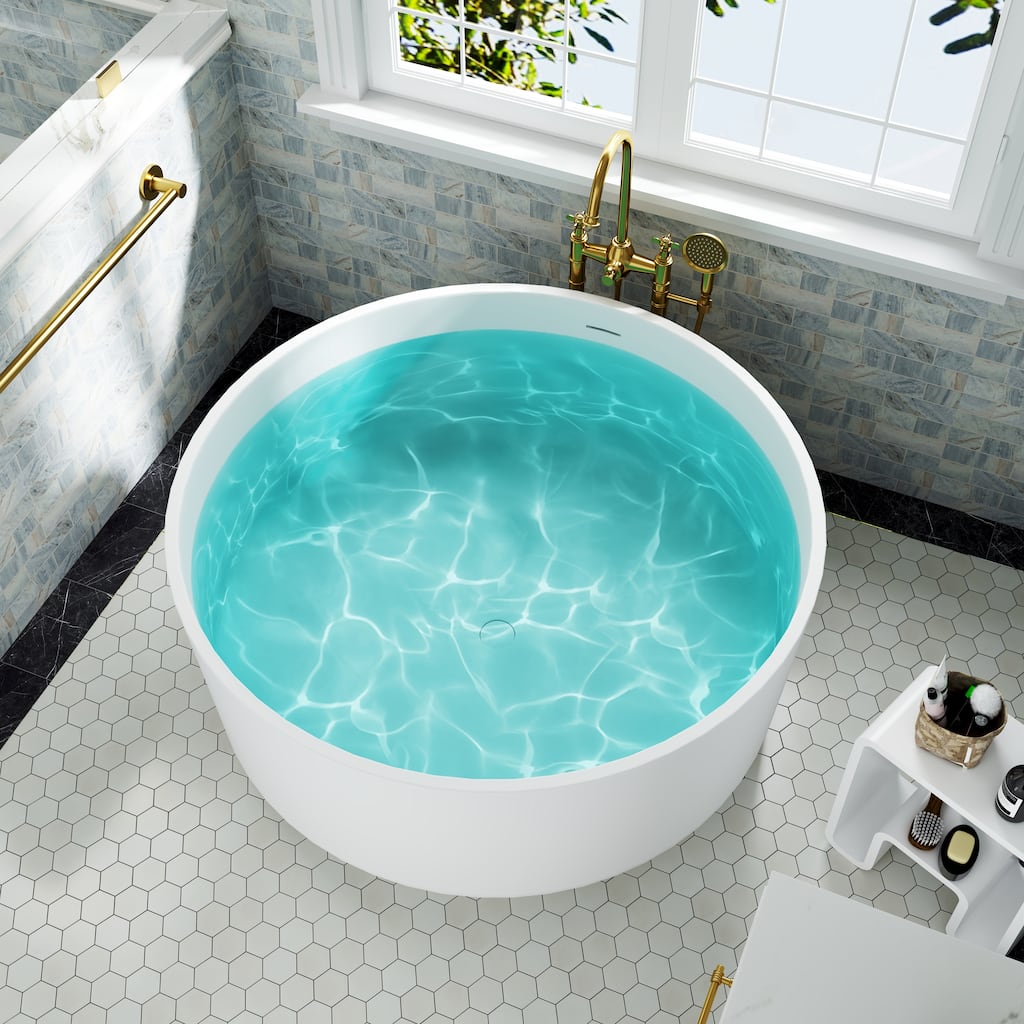 49 in. Freestanding Solid Surface Round Soaking Bathtub in Matte White, Compact Design with Center Drain