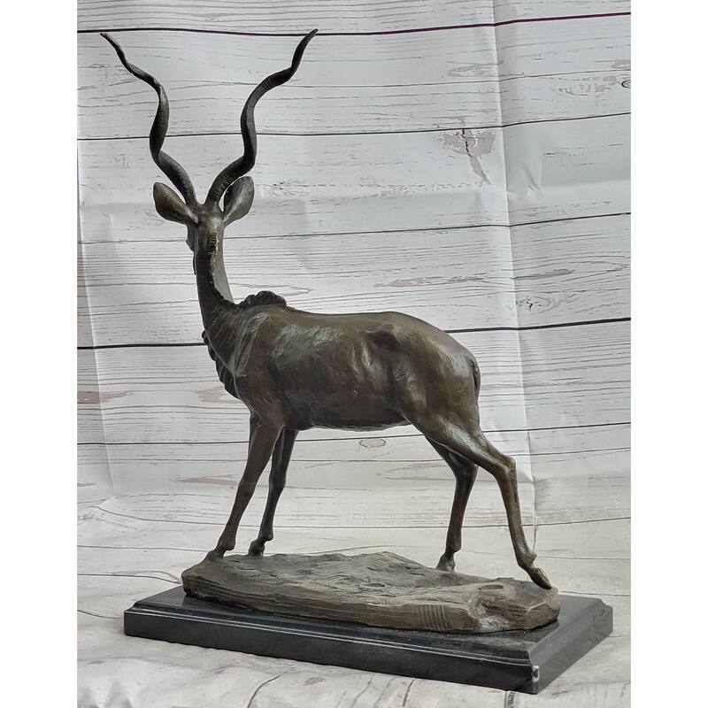Kudu Antelope Gazelle African Deer Bronze Sculpture Statue Figure On Marble Base