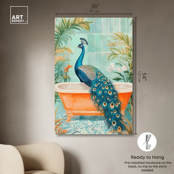 dimension image slide 2 of 6, Elegant Peacock Bath Canvas Jungle Bathroom Art by Art Remedy