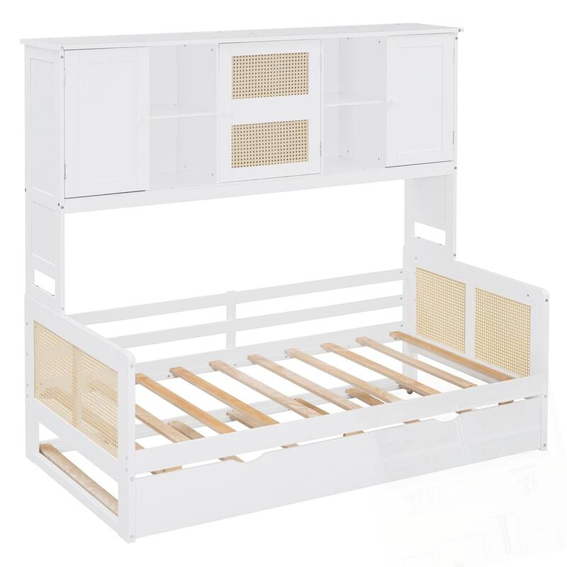 Wooden Daybed With Twin Size Trundle and All-in-One Cabinet and Shelf