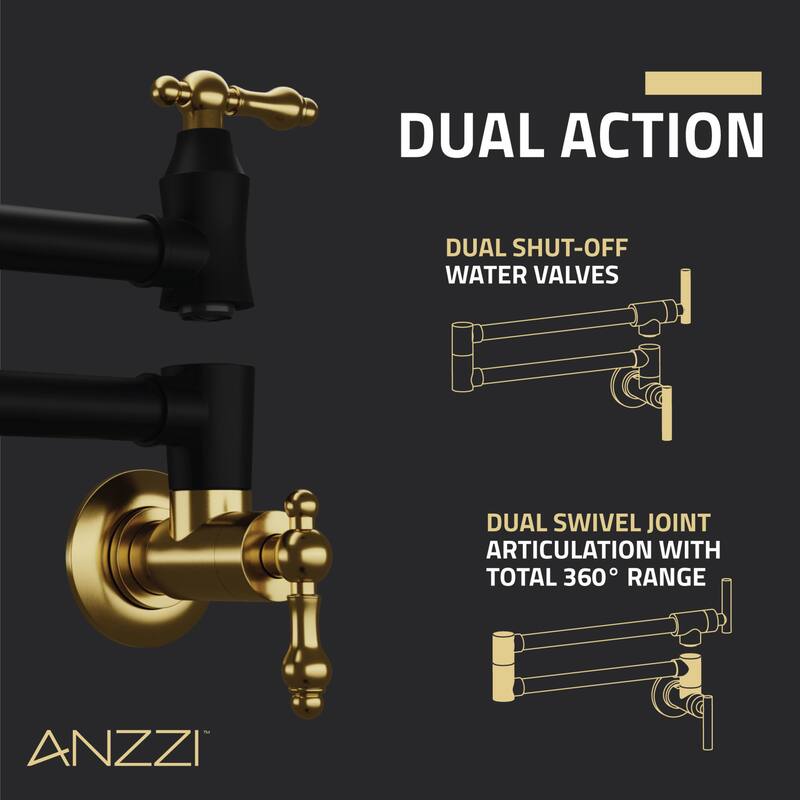 Marca 360-Degree 24" Wall Mounted Pot Filler with Dual Swivel in Matte Black and Brushed Gold