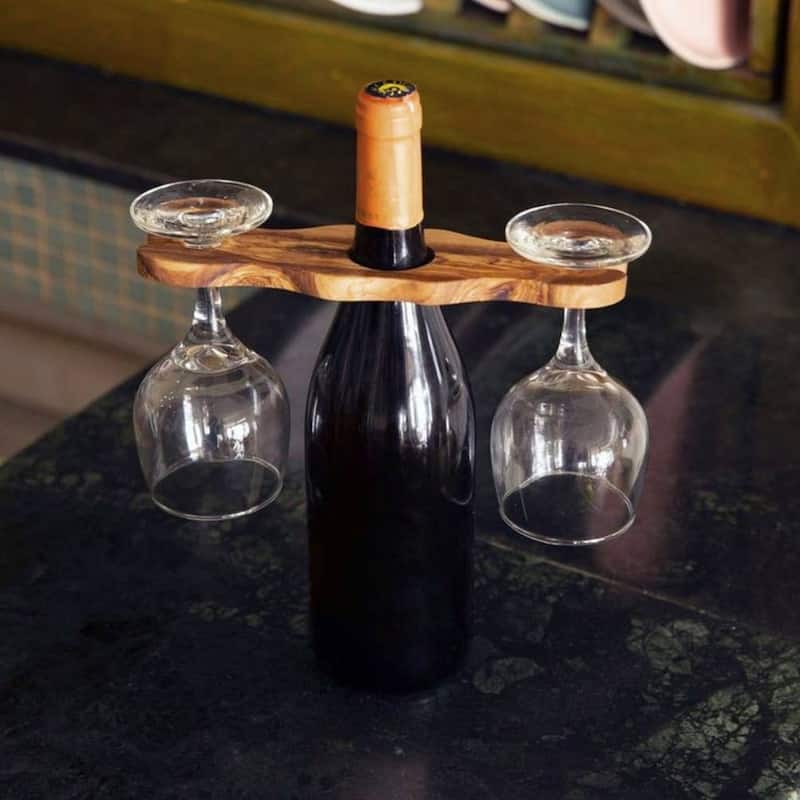 Olive wood wine bottle and 2 glasses holder