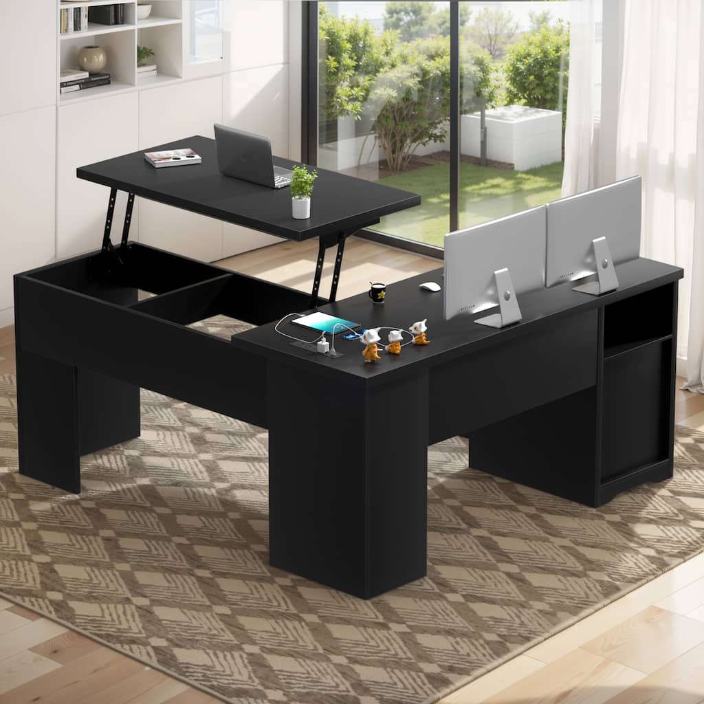 Lift Top L-Shaped Desk with Charge Station, Corner Standing Desk with File Drawers for Home Office