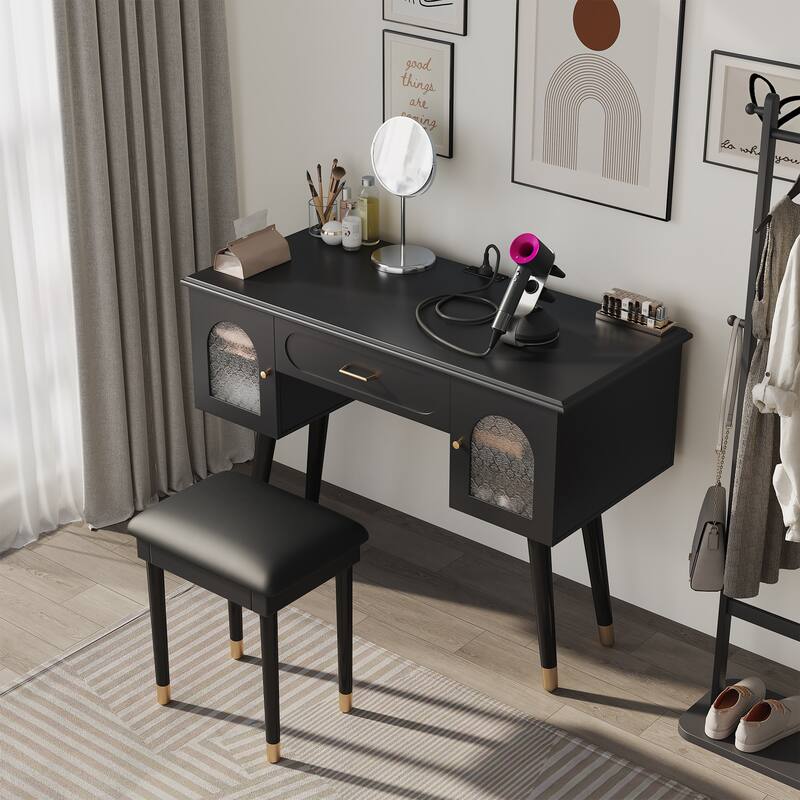 Elegant Vanity Makeup Table & Chair Set, Modern Dressing Table with Organizer, Writing Desk, Charging Port, Black - Black