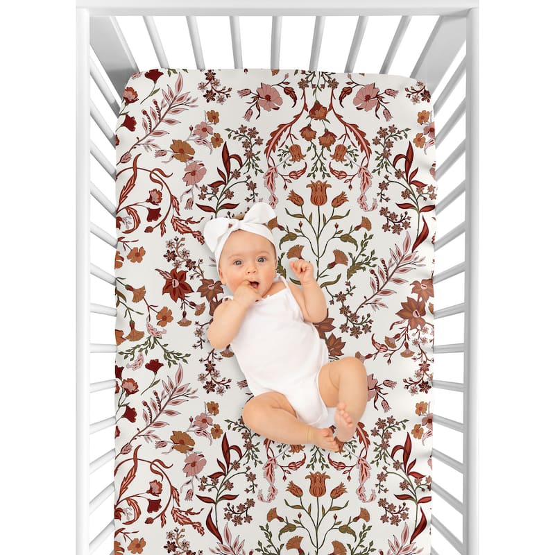 Sweet Jojo Designs Ivory and Orange Boho Vintage Floral Girl Fitted Crib Sheet Bohemian Rust Daisy Botanical Flower Green Fringe