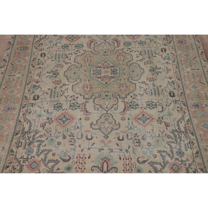 Beige Tabriz Persian Vintage Area Rug Hand-Knotted Wool Carpet - 6'6" x 9'9"