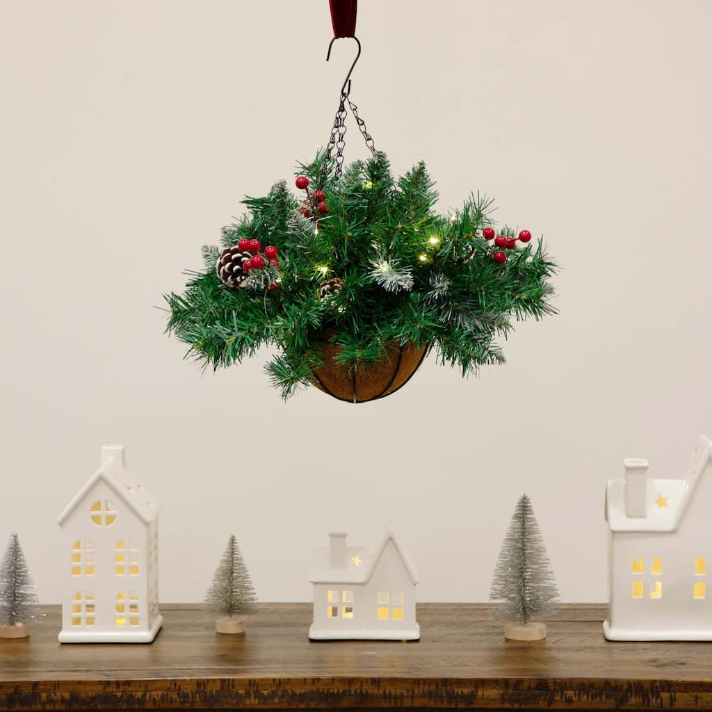 Pre-Lit Artificial Pine and Berry Christmas Hanging Basket - 17" - Clear LED Lights