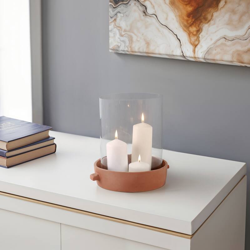 Pottery Glass Pillar Candle Holder Terracotta Base Cylindrical Form