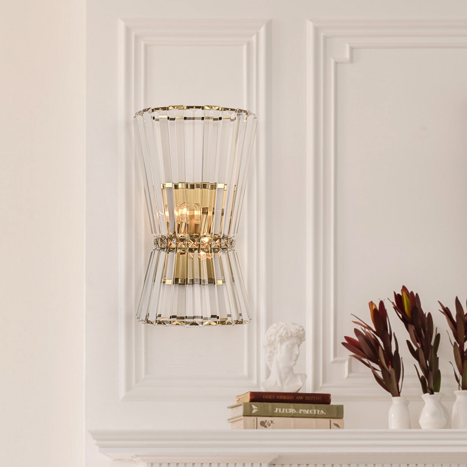 Modern Gold 2-Light 23.6" H Crystal Crystal Vanity Light Wall Sconces - 23.6-in H x 4.72-in W x 2.4-in D