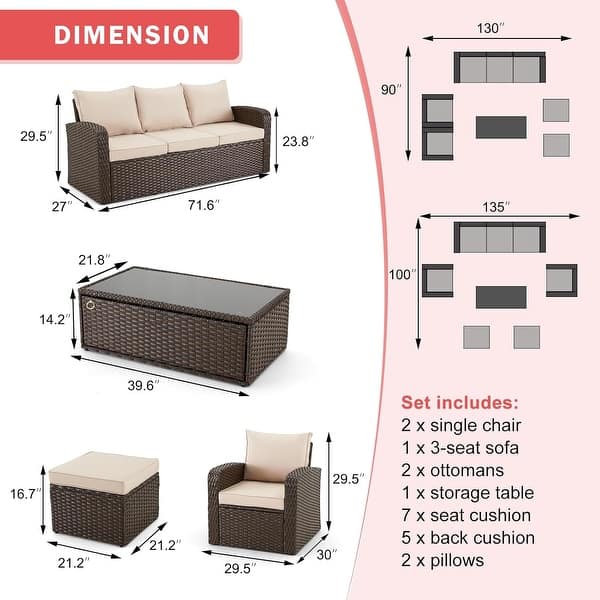 dimension image slide 4 of 9, EROMMY 6/7 Piece Modular Outdoor Rattan Sofa Set, All-Weather Wicker Patio Furniture with Storage Table, Cushions & Pillows
